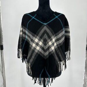 Burberry London Merino Wool Cashmere Nova Plaid‎ Tassel Poncho Cape Coat S/M